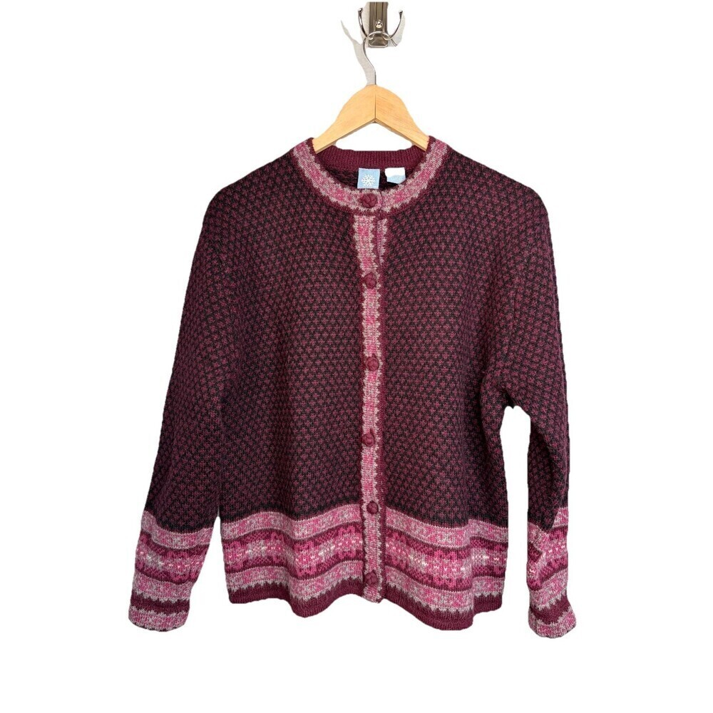 Vintage Frost Nordic Fair Isle Knit Cardigan Sweater 100% Wool Sz SMALL